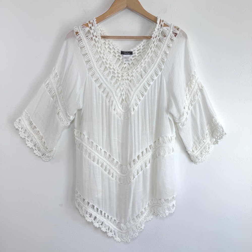 Vivid White Crochet Lace Tunic Top Boho Beach Cover Up Resort Bell Sleeve 1X